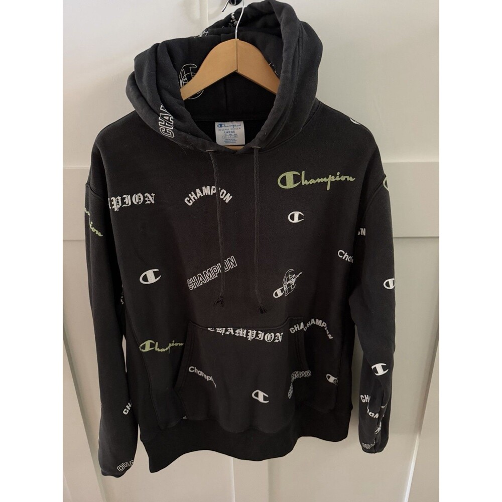 Men’s Champion Reverse Weave Hoodie Multi Logo Pullover Black/White/Neon Sz L